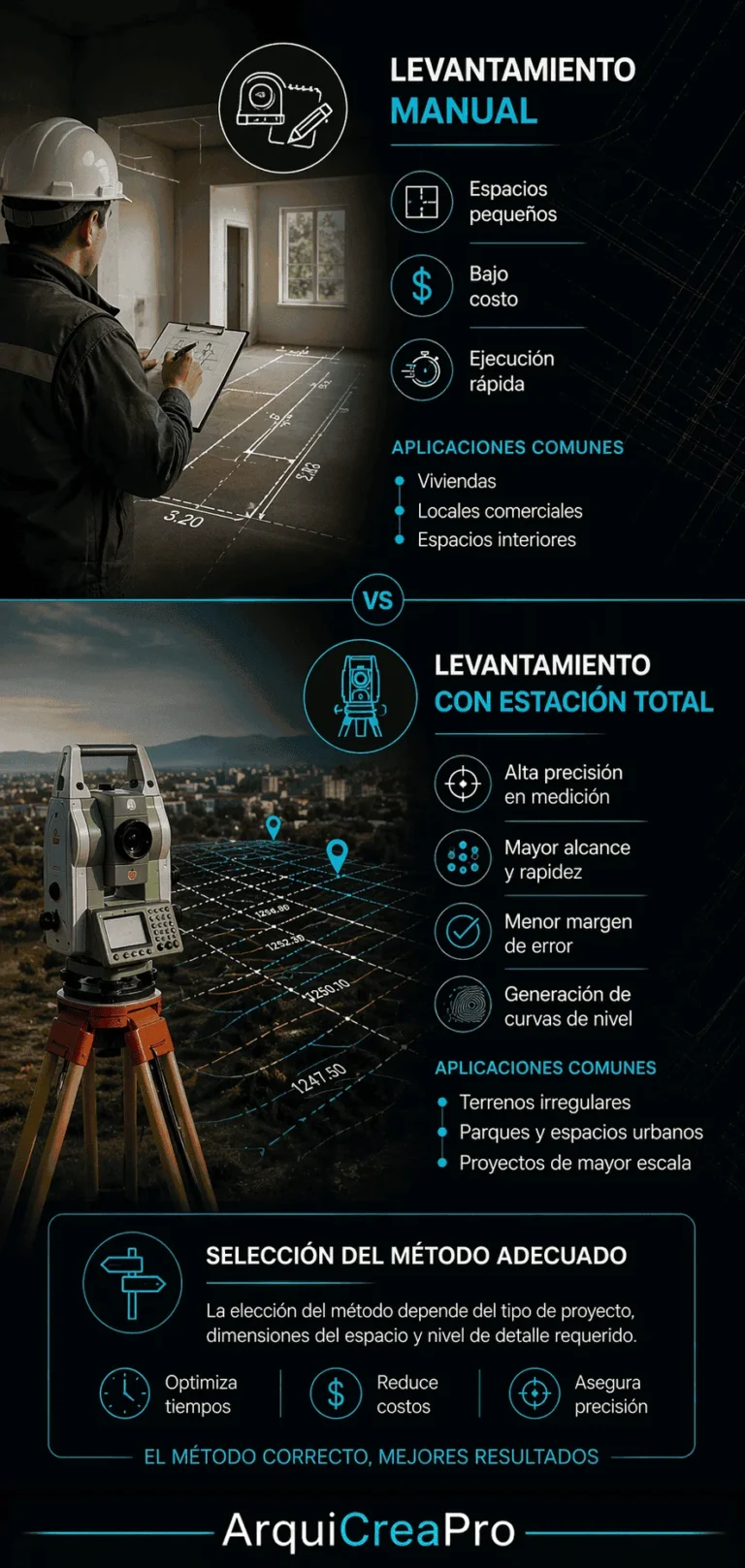Comparativa entre levantamiento manual y levantamiento con estaci&oacute;n total mostrando ventajas, aplicaciones y nivel de precisi&oacute;n.